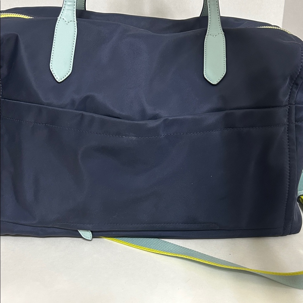kate spade nylon weekender bag in navy w/ light blue handles and yellow accents - Picture 3 of 8
